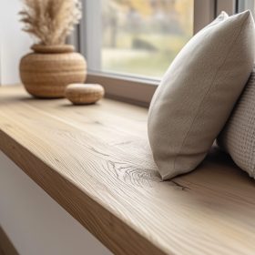 Gemütliche Fensterbank aus Holz mit Kissen und Dekoration.