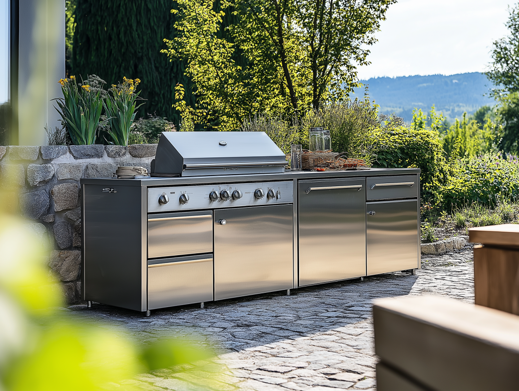 Edelstahl Outdoor-Küche mit integriertem Grill und Stauraum.