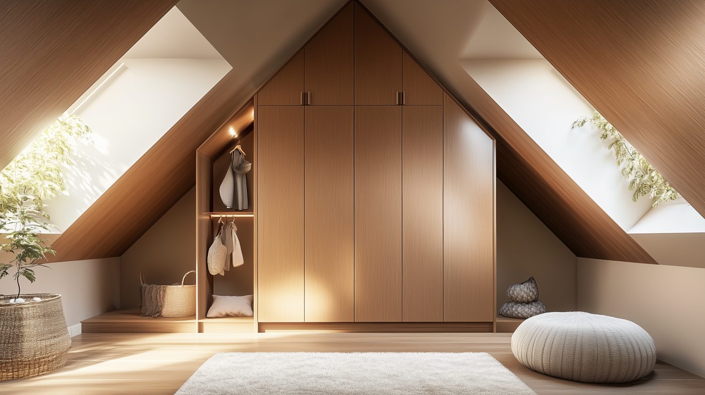 Individuell angefertigter Einbauschrank im Dachgeschoss aus hellbraunen Dekorplatten.