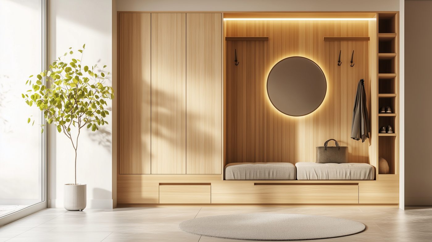 Moderner Flur mit maßgefertigter Garderobe aus hellem Holz, integrierter Sitzbank und rundem Spiegel mit LED-Beleuchtung.