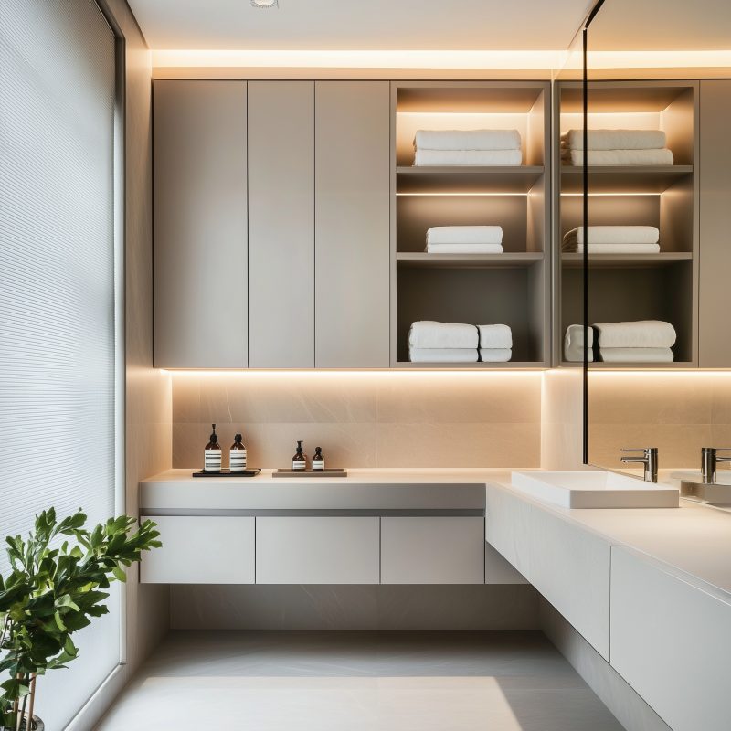 Gut beleuchtendes und modernes Badezimmer aus weißen Dekorplatten.
