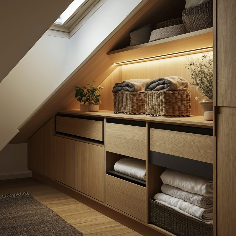 Passgenauer Schrank unter Dachschräge aus Dekorplatten.