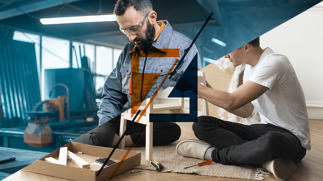 Bildcollage: Profi-Handwerker trifft auf DIY-Heimwerker beim Möbelbau.