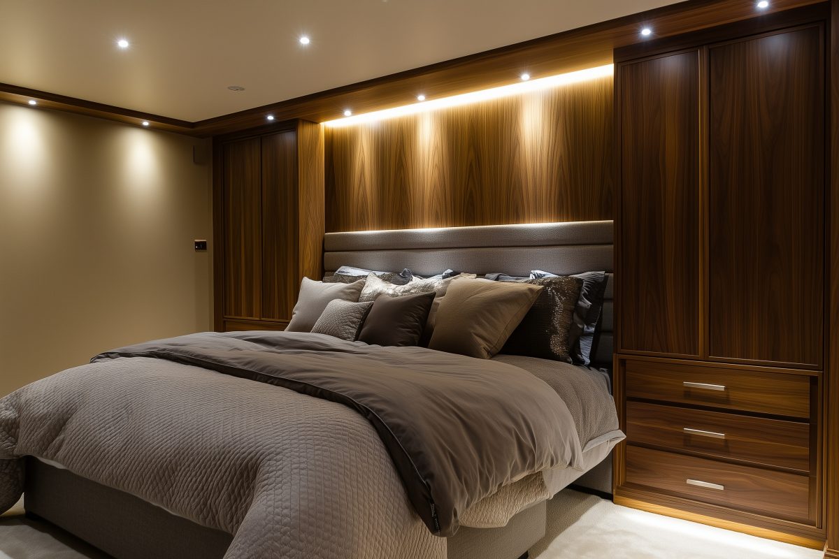 Individuell angefertigtes Schlafzimmer aus dunkelbraunen Dekorplatten.