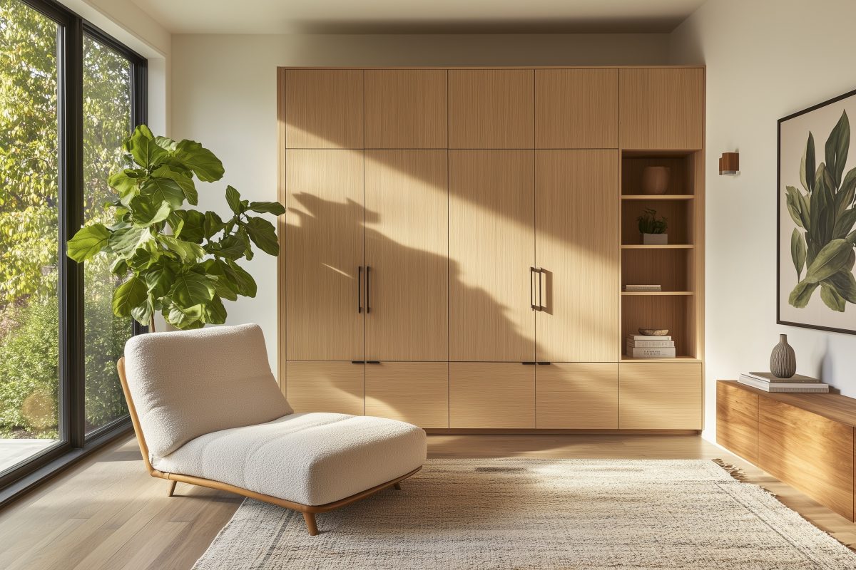 Hellfarbiger deckenhoher Schrank aus Dekor.