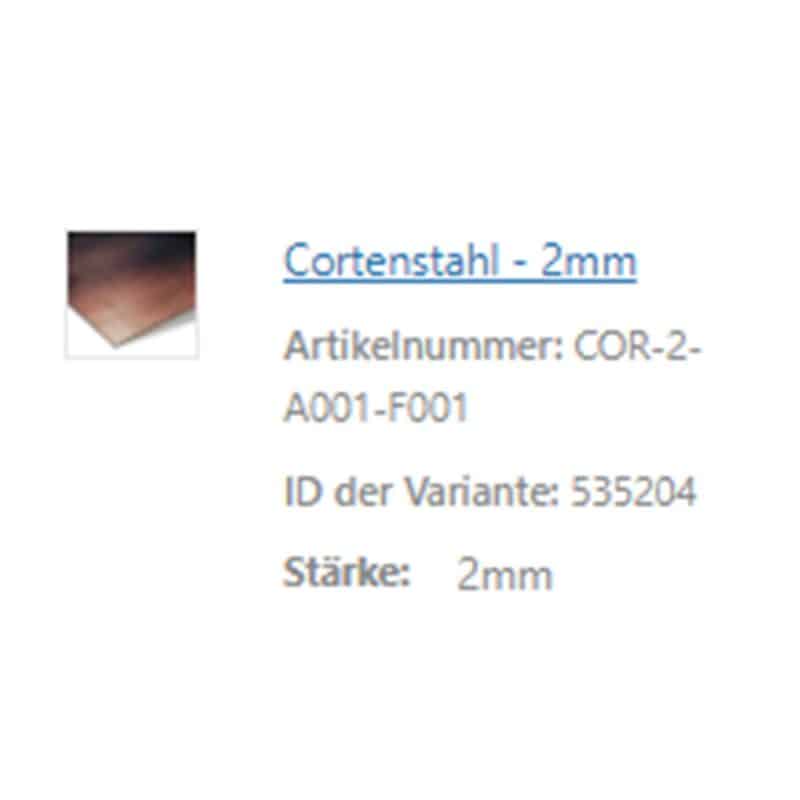 Ein Produkttext beschreibt eine zwei Millimeter starke Platte aus robustem Cortenstahl.