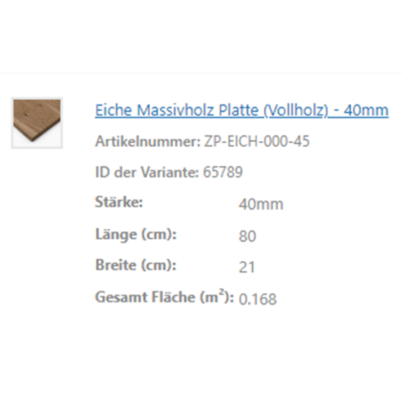 Eine Produktübersicht zeigt technische Daten einer Eiche-Massivholzplatte.