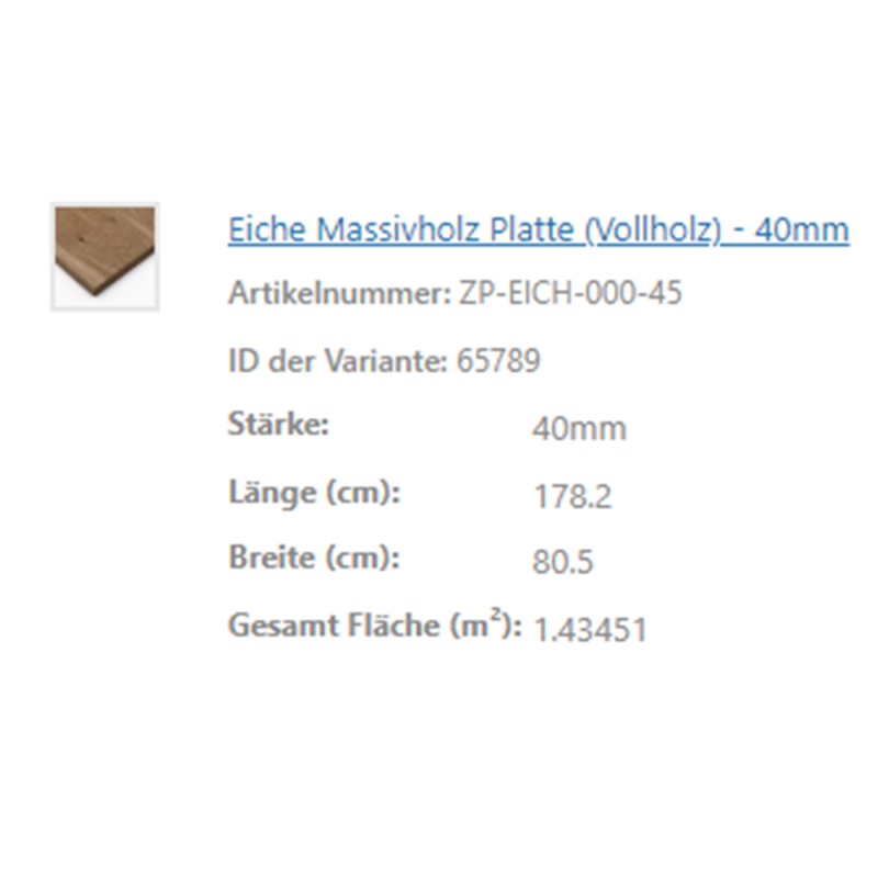 Eine Produktübersicht zeigt Maße und Flächenangaben einer Eiche-Massivholzplatte.