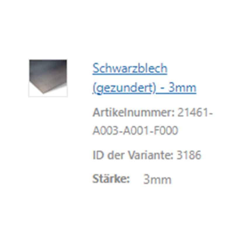 Eine kleine Vorschau zeigt eine Schwarzblechplatte in drei Millimeter Stärke.