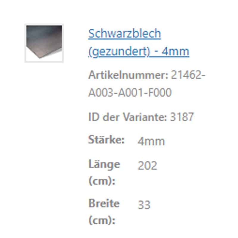 Eine Produktübersicht beschreibt eine Schwarzblechplatte mit einer Stärke von vier Millimetern.