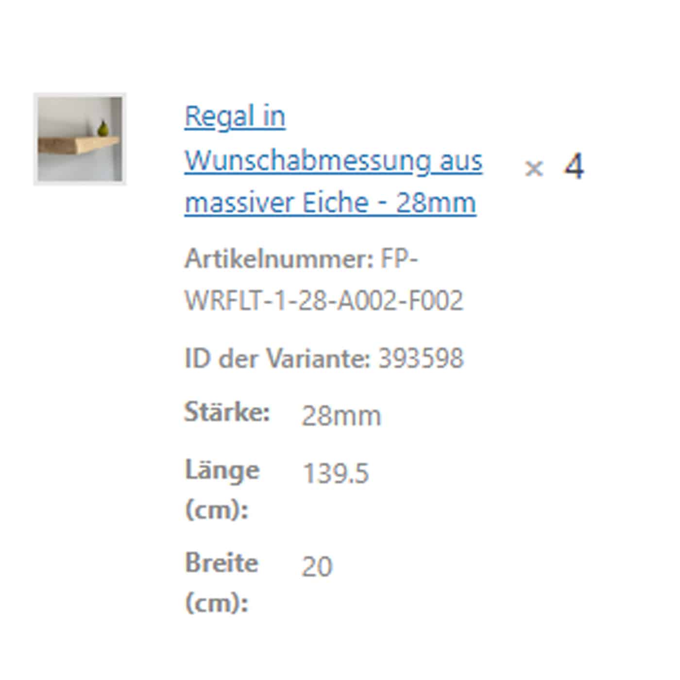Eine Produktübersicht beschreibt ein Regal aus massiver Eiche mit Wunschabmessungen.