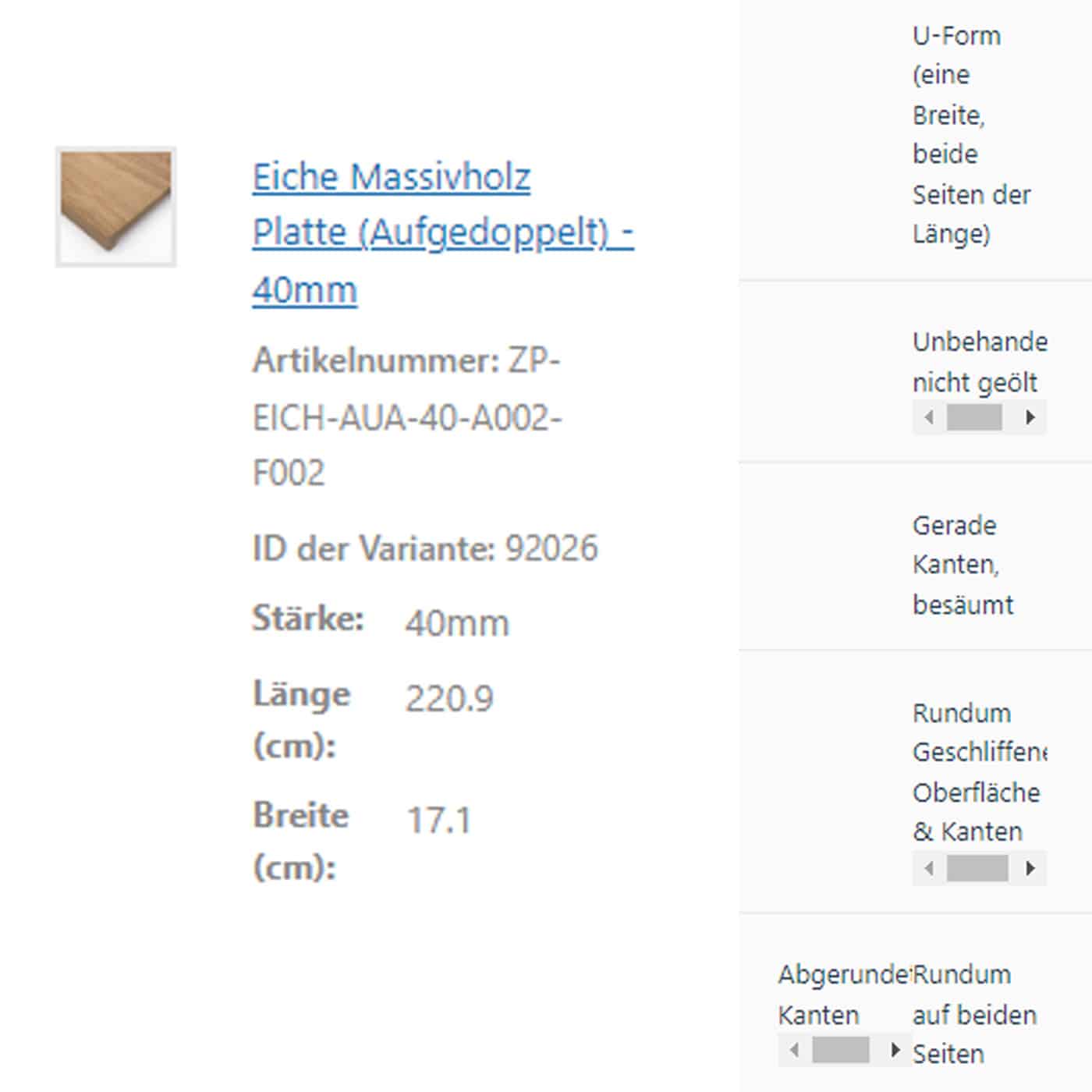 Eine Produktübersicht beschreibt eine aufgedoppelte Eiche Massivholzplatte mit technischen Angaben.