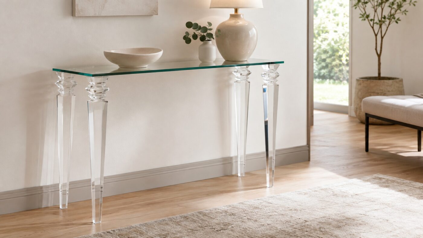 Ein schmaler Konsolentisch mit einer Tischplatte aus Acrylglas und vier transparenten, facettierten Beinen steht an einer hellen Wand.