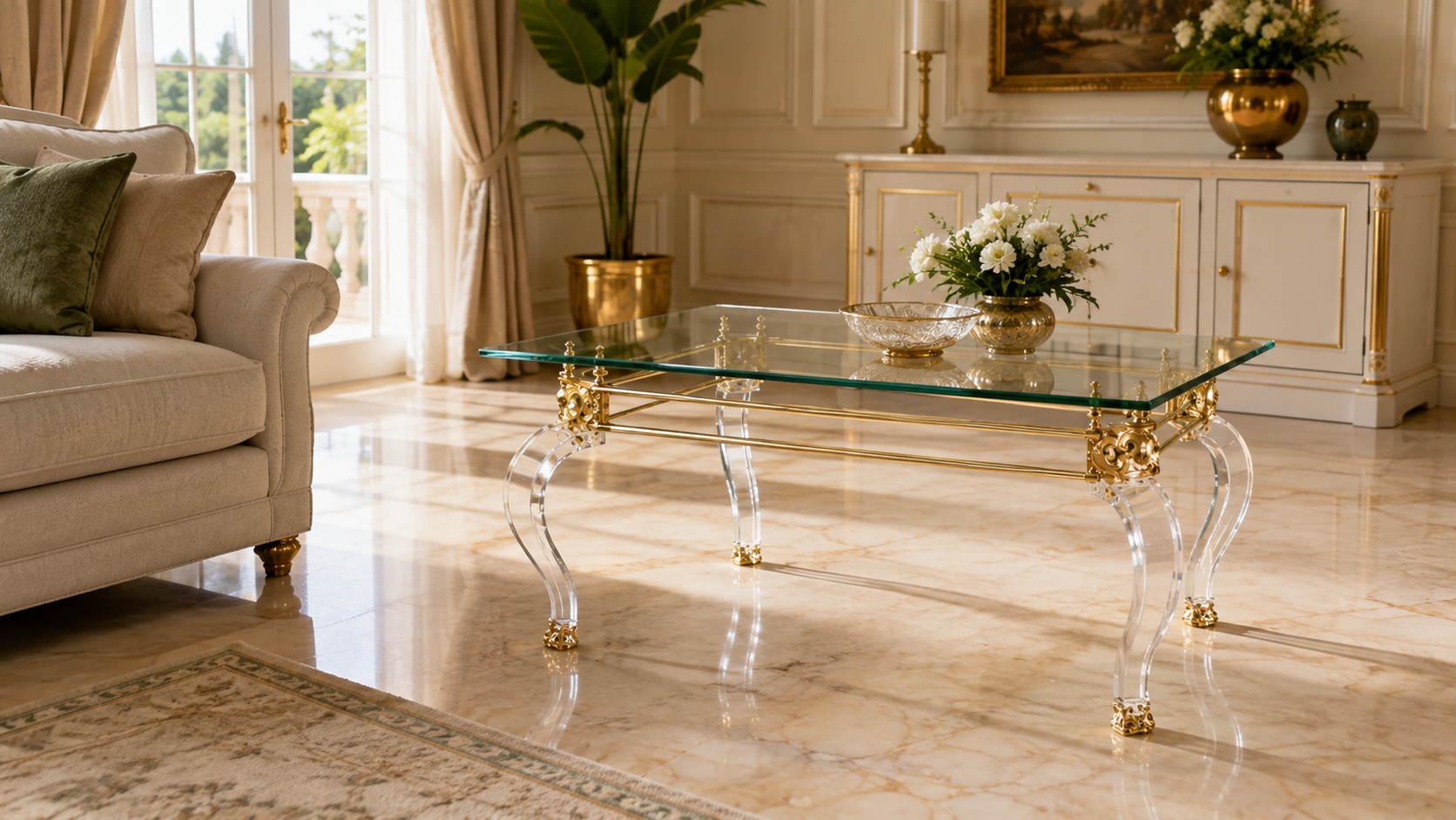 Ein Wohnzimmertisch mit einer Tischplatte aus Acrylglas und transparenten geschwungenen Beinen mit goldfarbenen Details steht in einem hellen Wohnzimmer.