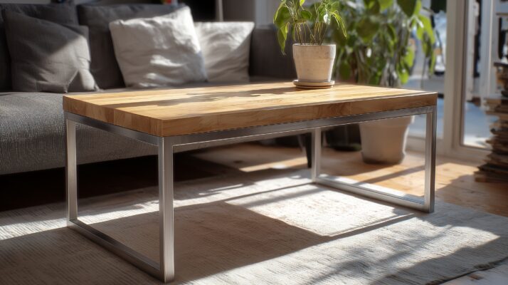 Couchtisch mit Aluminium-Quadratrohren und Holz.
