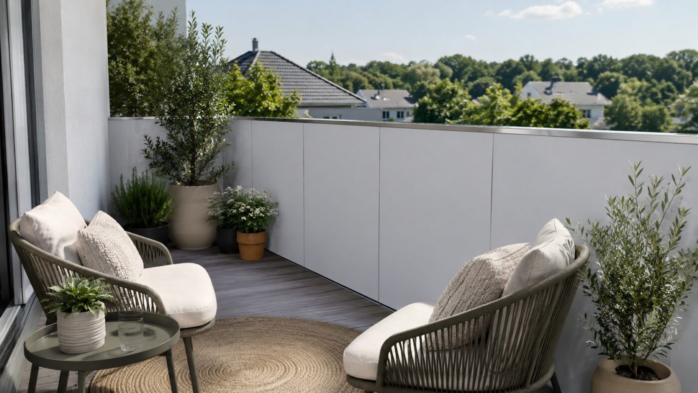 Ein Balkon ist mit weißfarbigen Aluminium Farbblech verkleidet, Stühle und Pflanzen stehen darauf.