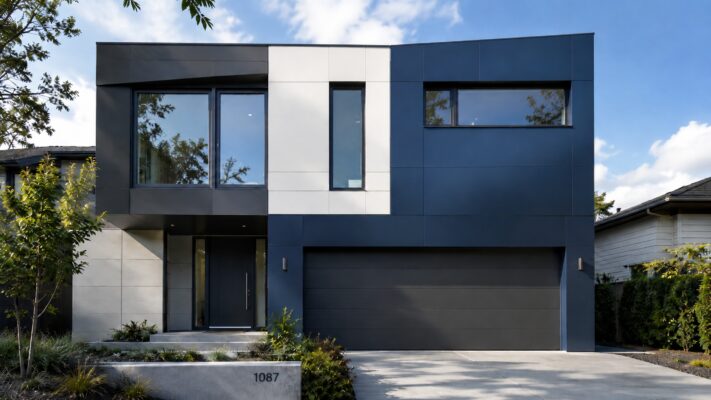 Eine Hausfassade ist mit farbigen Aluminium Farbblechplatten verkleidet.