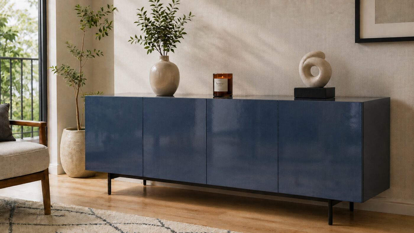 Ein Sideboard hat Fronten aus einem blaufarbigen Aluminium-Farbblech in einem modernen Wohnzimmer.