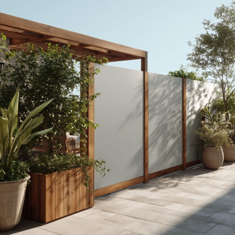 Garten-Sichtschutz aus glattem Aluminiumblech natur.