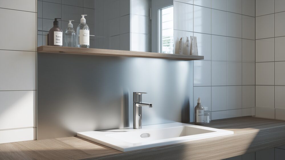 Badwaschbecken mit Edelstahl-Rückwand und Holzablage im modernen Badezimmer.