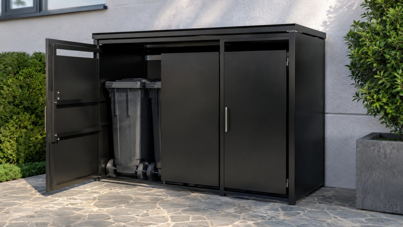Ein schwarzer Mülltonnenunterstand aus Aluminium-Farbblechen steht geöffnet vor einer Hauswand.