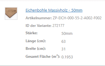 Eine Produktansicht zeigt technische Daten einer massiven Eichenbohle.