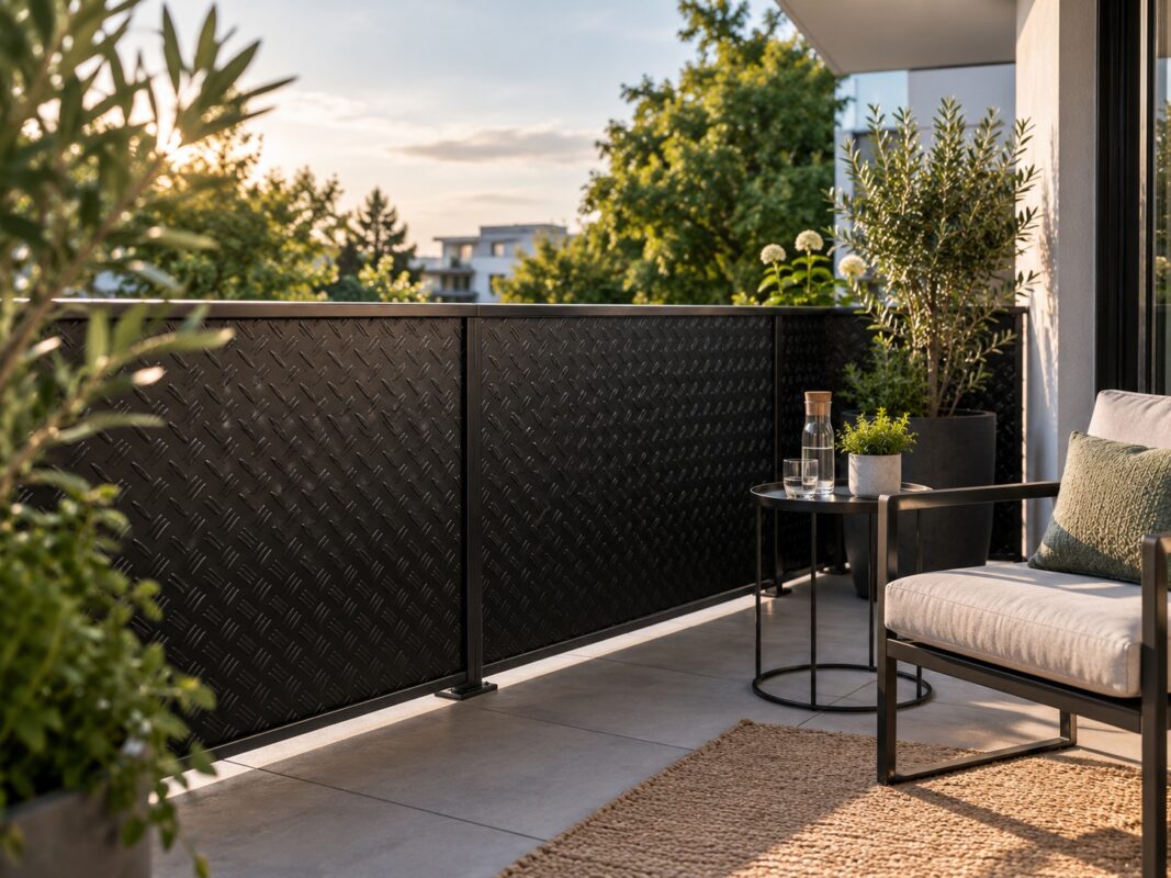 Schwarzes Riffelblech schützt den Balkon seitlich und verbindet Metall, Pflanzen und gemütliche Sitzmöbel.