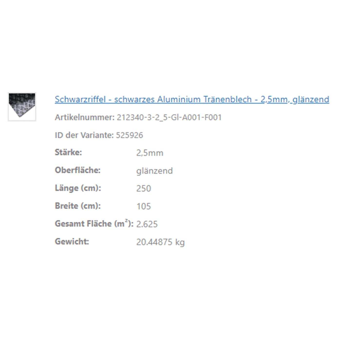 Eine Produktübersicht zeigt technische Daten zu einer schwarzen Aluminium-Riffelblech-Platte.