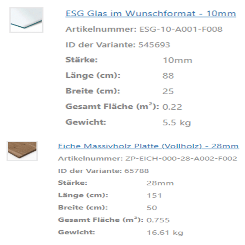 Eine Übersichtsseite listet technische Daten zu ESG Glas und Eiche auf.