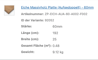 Eine Tabelle zeigt Maße und Gewicht einer sechzig Millimeter Eichenplatte.