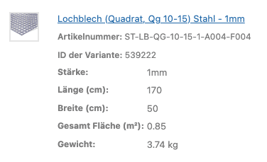 Eine Tabelle zeigt technische Angaben eines quadratischen Lochbleches.