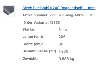 Eine Tabelle zeigt Maße und Gewicht eines magnetischen Edelstahlbleches.
