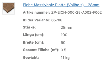 Eine Tabelle zeigt Maße und Gewicht einer achtundzwanzig Millimeter Eichen Platte.