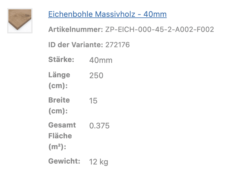 Eine Tabelle zeigt die Maße einer vierzig Millimeter Eichenbohle.