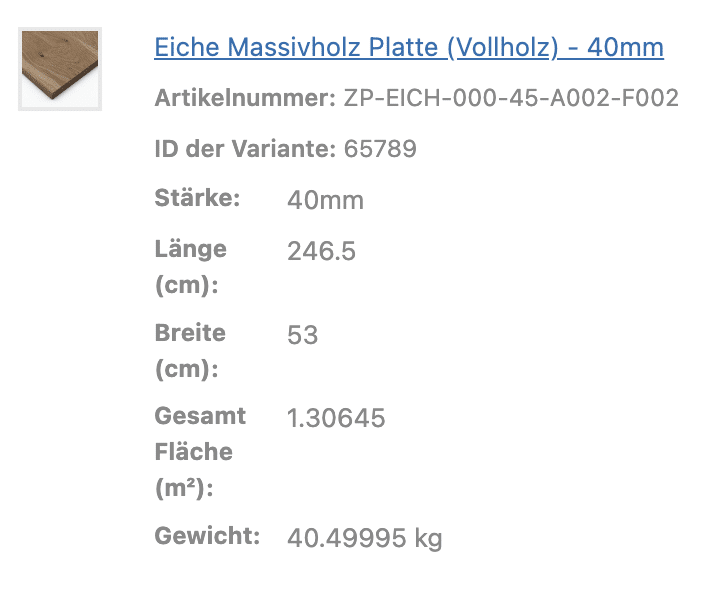 Eine Tabelle zeigt technische Angaben einer vierzig Millimeter Eichen Platte.