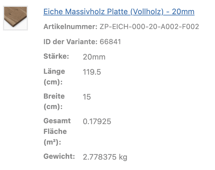 Eine Tabelle zeigt technische Angaben einer zwanzig Millimeter Eichen Platte.