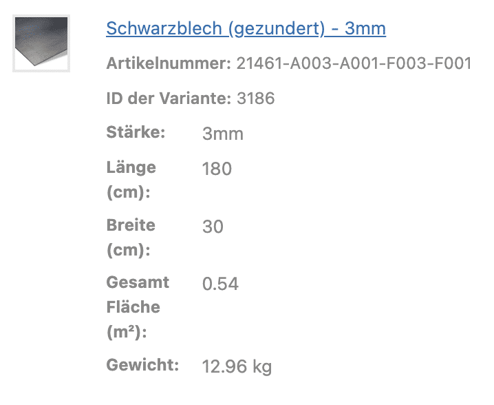 Eine Tabelle zeigt die technischen Angaben eines Schwarzblech Zuschnittes.