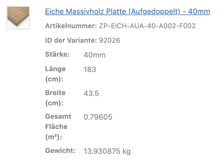 Eine Tabelle zeigt die Maße und das Gewicht einer Eiche Massivholz Platte.