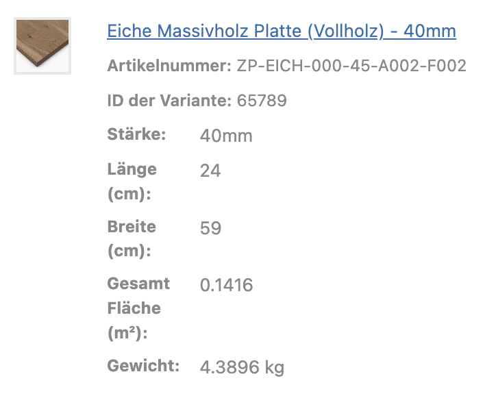 Eine Tabelle zeigt die Maße und das Gewicht einer Eiche Massivholz Platte.