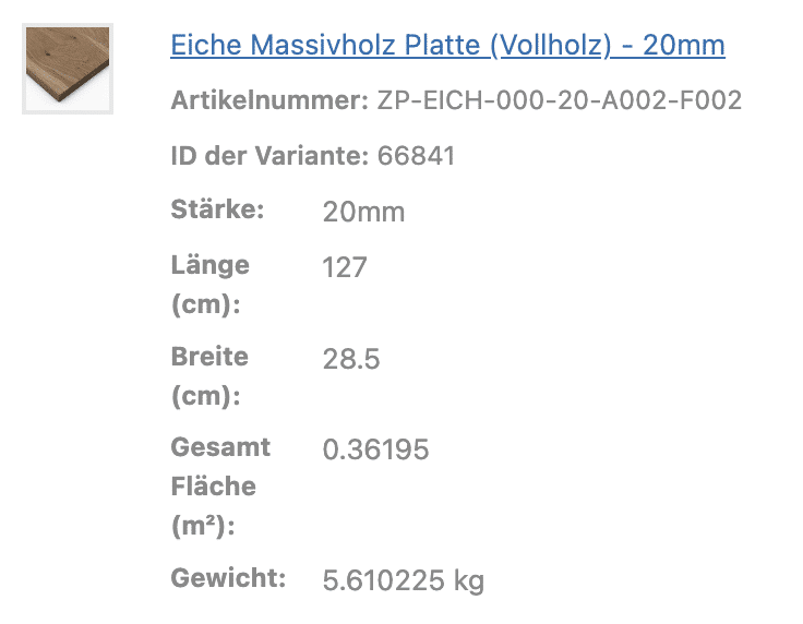 Eine Tabelle zeigt die Maße und das Gewicht einer Eiche Massivholz Platte.