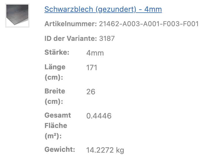 Eine Tabelle zeigt die technischen Angaben eines Schwarzblech Zuschnittes.