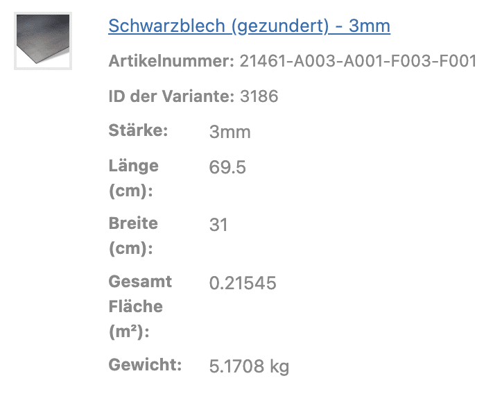 Eine Tabelle zeigt die technischen Angaben eines Schwarzblech Zuschnittes.
