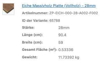 Eine Tabelle zeigt die Maße und das Gewicht einer Eiche Massivholz Platte.