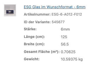 Eine Tabelle zeigt die technischen Angaben einer Glasplatte.