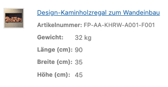 Ein Infokasten listet Maße und Gewicht eines Kaminholzregals auf.