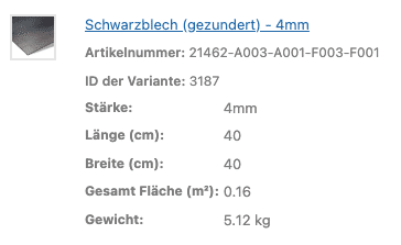 Ein Produktdatenfeld zeigt Maße und Gewicht eines zugeschnittenen Schwarzblechs.