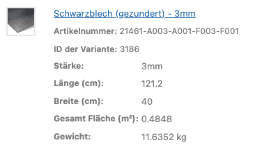 Ein Produktdatenfeld listet Maße und Gewicht eines Schwarzblechs auf.
