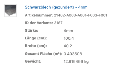 Ein Datensatz beschreibt Maße und Gewicht eines zugeschnittenen Schwarzblechs.