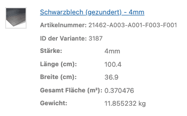 Ein Datensatz beschreibt Maße und Gewicht eines zugeschnittenen Schwarzblechs.