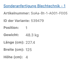 Ein Produktdatenfeld listet Maße und Gewicht einer Blechsonderanfertigung auf.